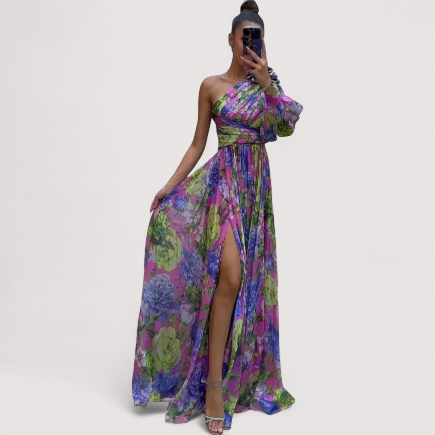 Damen Maxikleid One-Shoulder bedruckt weit schwingend elegant lang