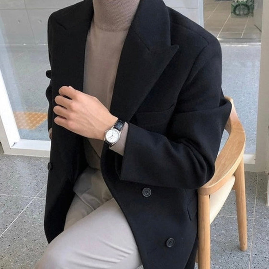 Herren Mantel Übergang Doppelreiher Elegant Regular Fit Lang Revers Klassisch