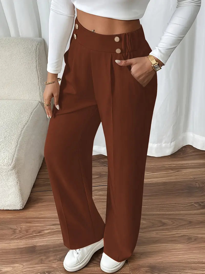 Damen Hose Regular Fit Weites Bein Elastischer Bund Seitentaschen Casual Elegant Alltag Büro