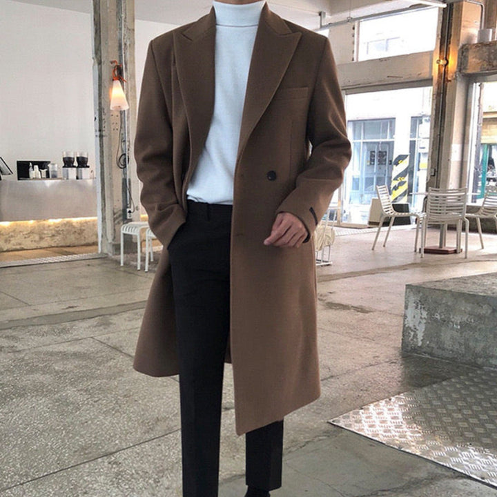 Herren Mantel Übergang Doppelreiher Elegant Regular Fit Lang Revers Klassisch