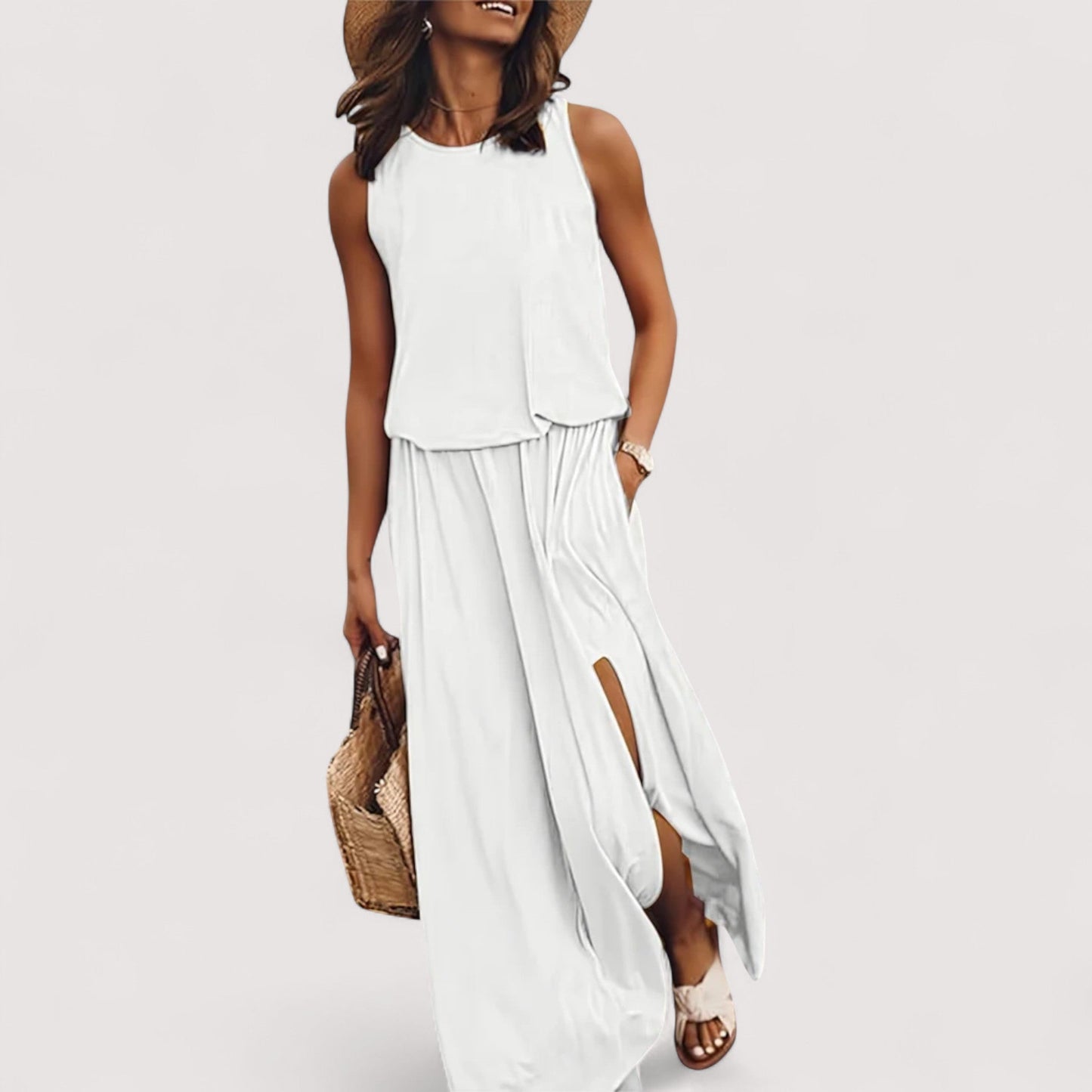 Damen Sommerkleid Schlitz breite Taille locker Passform leicht atmungsaktiv