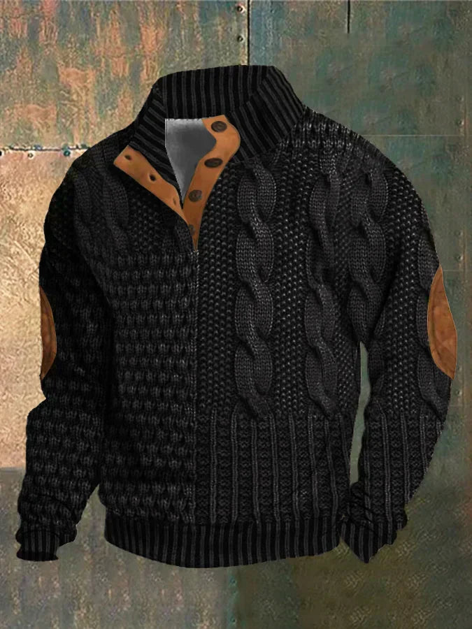 Herren Pullover Patchwork Zopfmuster, Knopfkragen, lange Ärmel, bequeme Passform