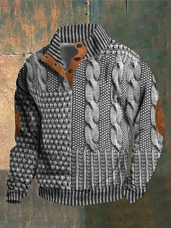 Herren Pullover Patchwork Zopfmuster, Knopfkragen, lange Ärmel, bequeme Passform