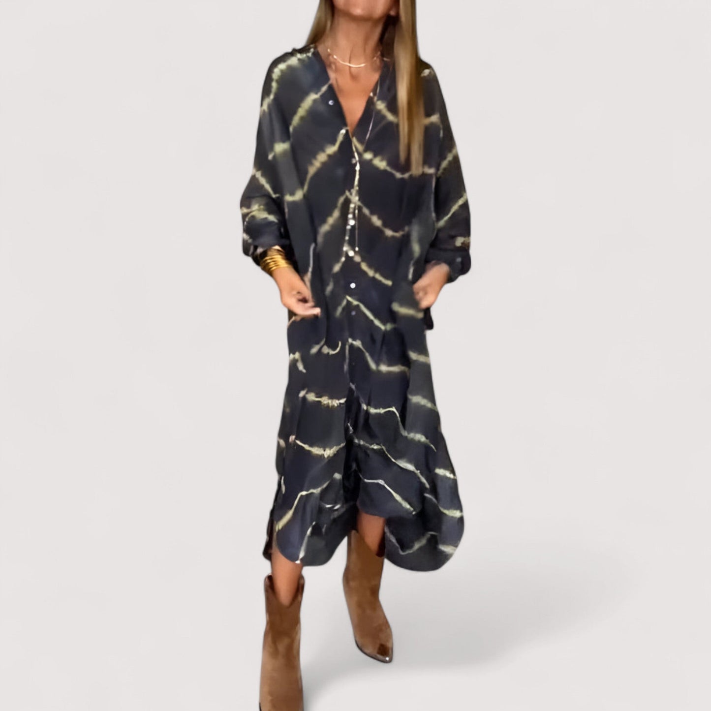Damen Maxikleid Boho Muster V-Ausschnitt locker Passform fließend bequem