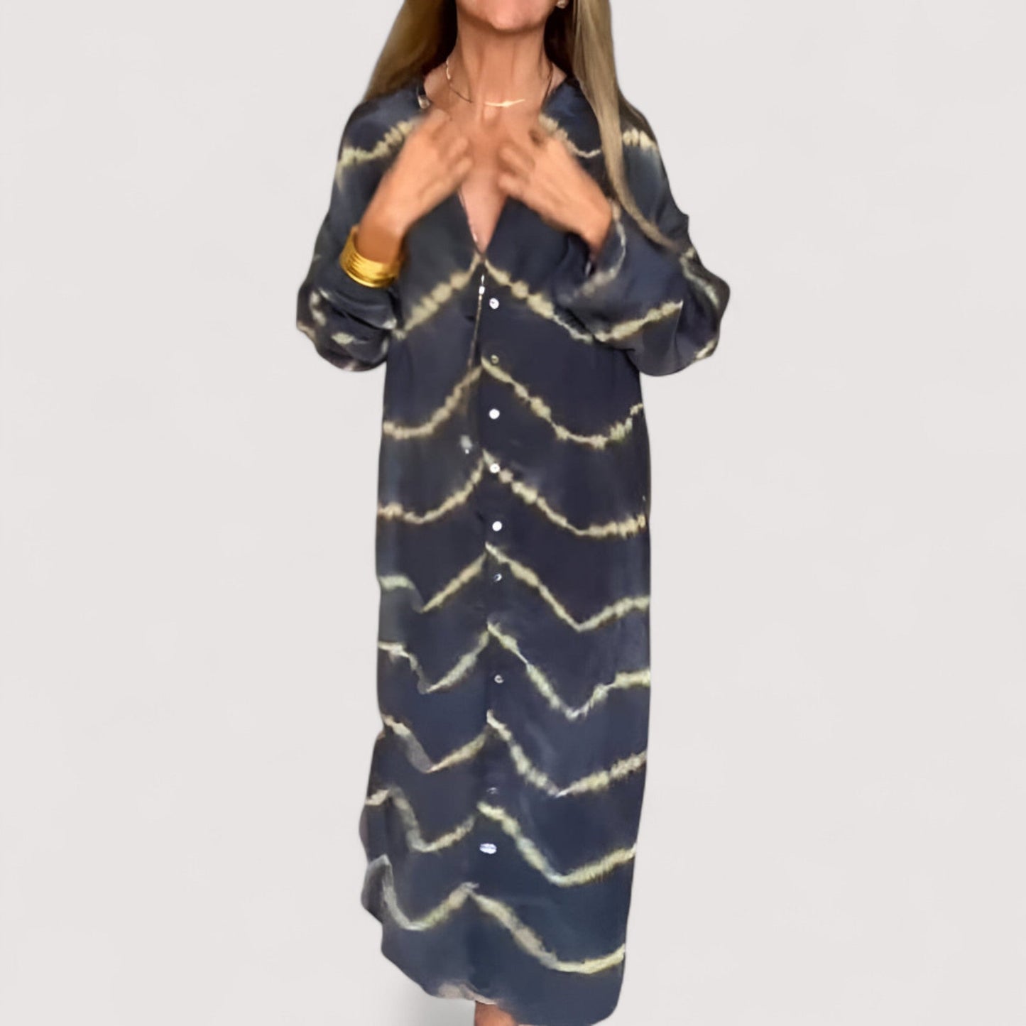 Damen Maxikleid Boho Muster V-Ausschnitt locker Passform fließend bequem