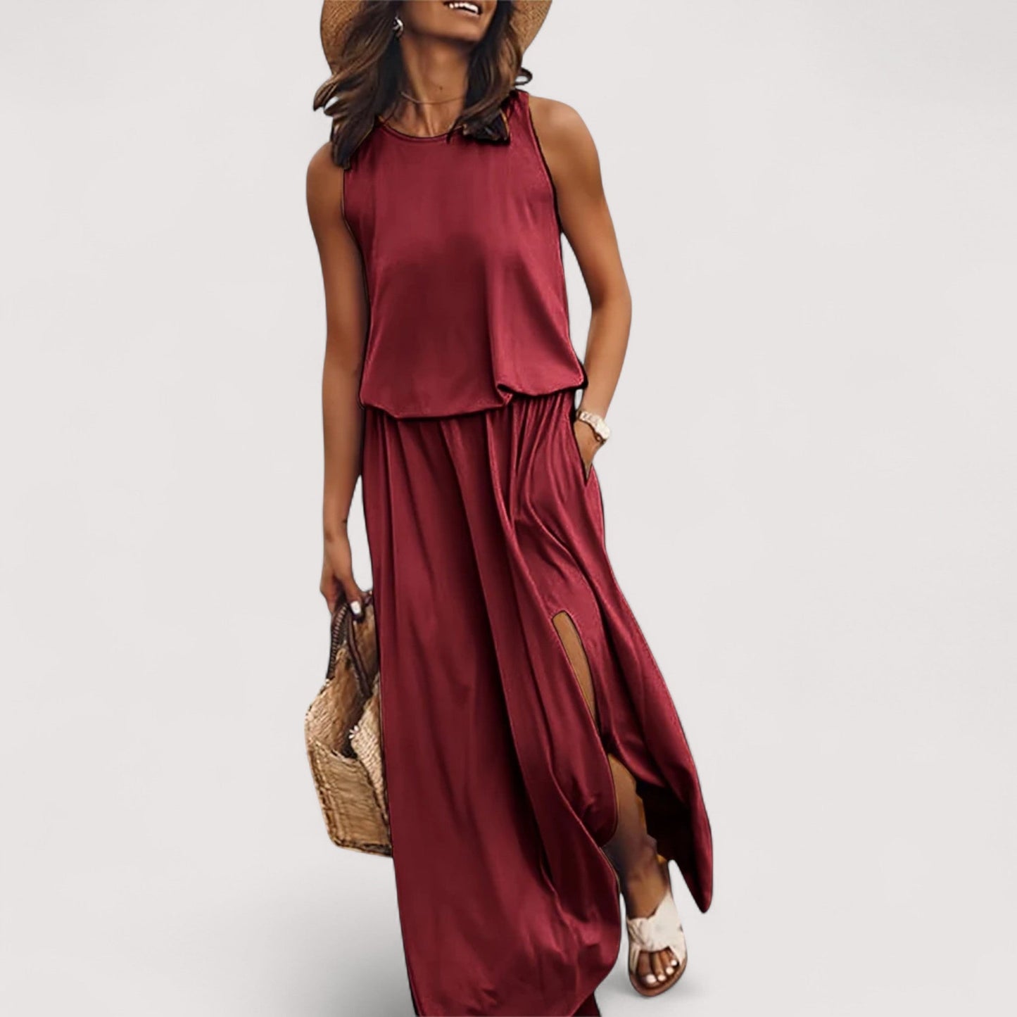 Damen Sommerkleid Schlitz breite Taille locker Passform leicht atmungsaktiv