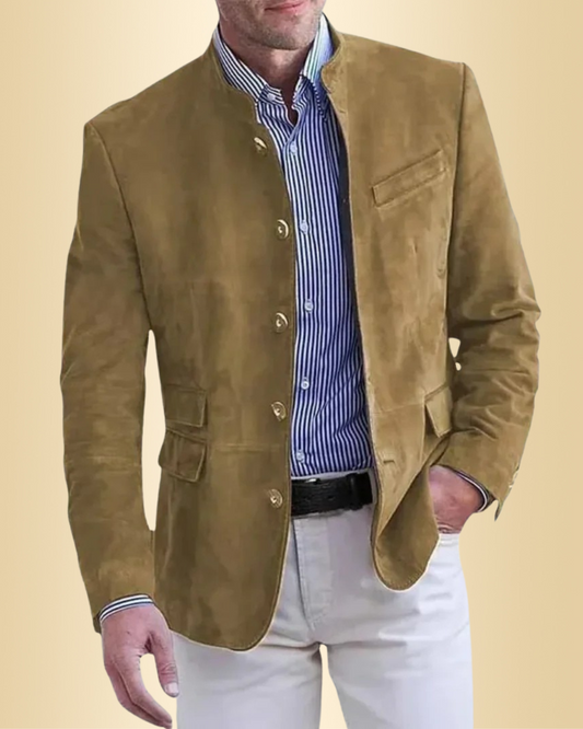 Herren Jacke Wildlederoptik Stehkragen Reißverschluss schlanke Passform Übergangsjacke elegant Alltag