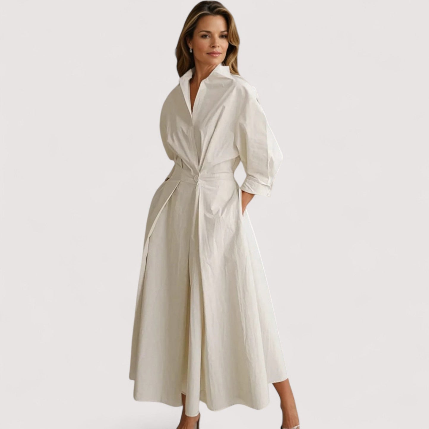 Damen Maxikleid Reverskragen elastischer Bund weit schwingend elegant