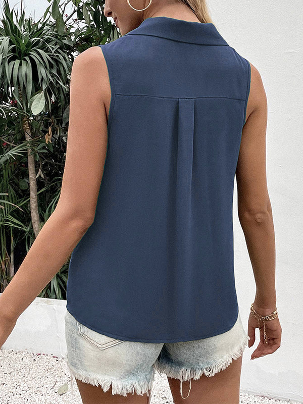 Ladies vest Top sleeveless Polyester Spandex solid color V-neck buttoned loose summer S-3X