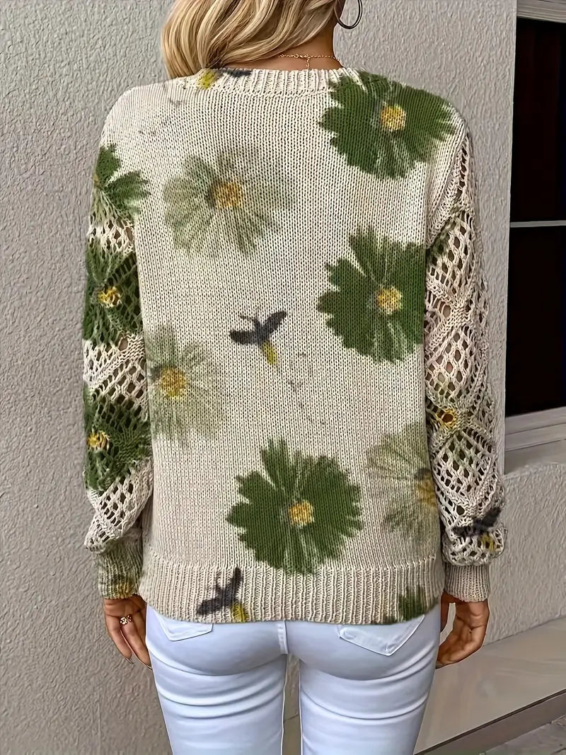 Damen Strickjacke Blumenmuster V-Ausschnitt Regular Fit Leicht Mittelschwer Häkeloptik Freizeit