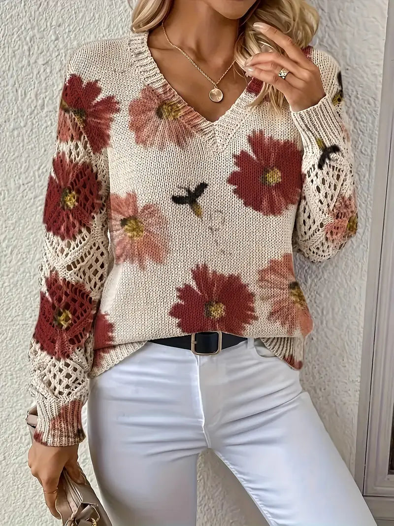 Damen Strickjacke Blumenmuster V-Ausschnitt Regular Fit Leicht Mittelschwer Häkeloptik Freizeit