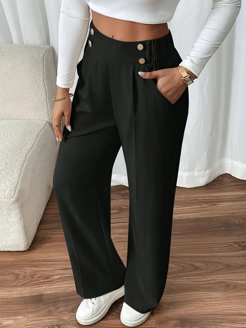 Damen Hose Regular Fit Weites Bein Elastischer Bund Seitentaschen Casual Elegant Alltag Büro