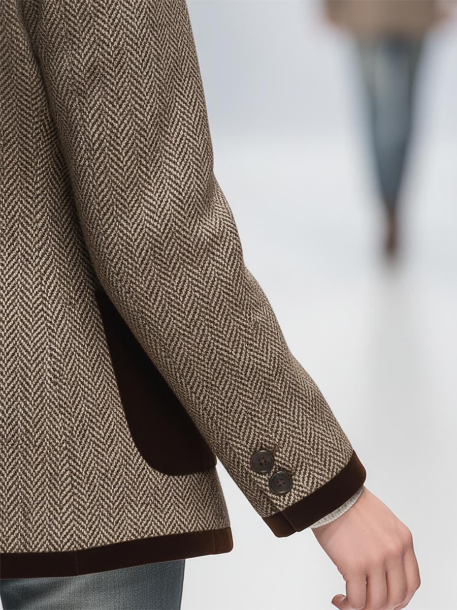 Herren Blazer Braun Fischgrät Ein-Knopf Regular Fit Elegant Langarm Revers