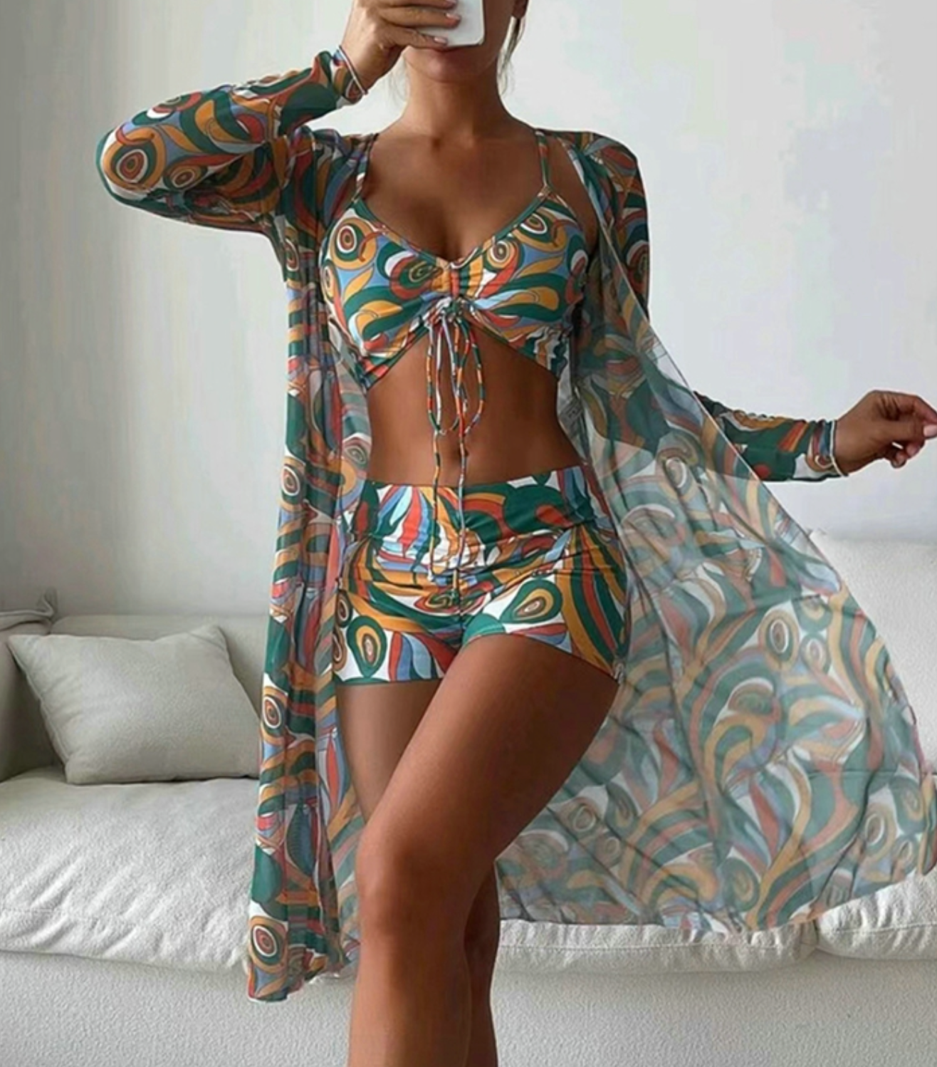 Damen Bikini Set dreiteilig farbenfroh verstellbar Bademode Strand Pool Urlaub