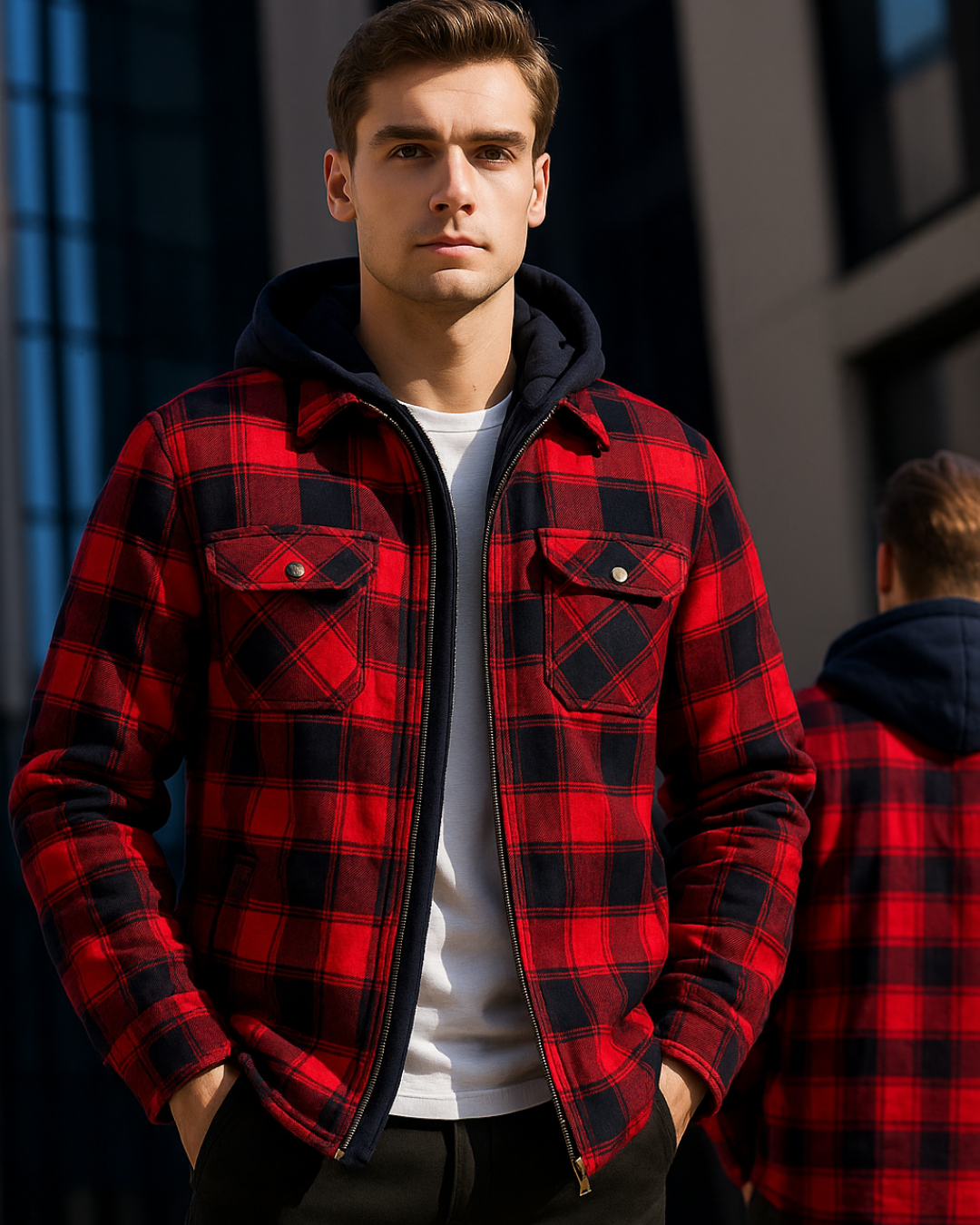 Herren Karojacke Langarm Reißverschluss Regular Fit Warm Leicht Übergangsjacke Herbst Winter