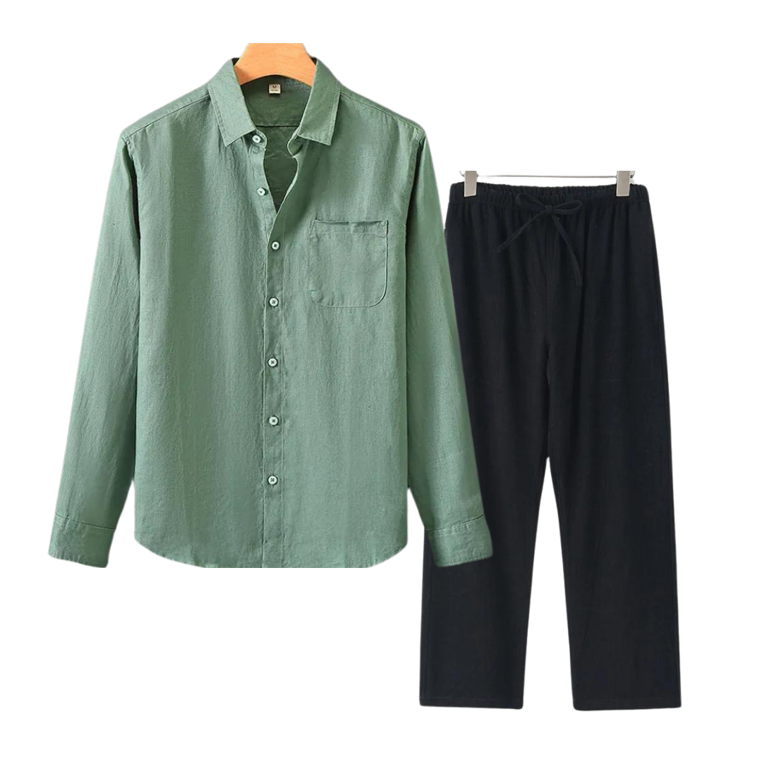 Herren Leinenhemd und Leinenhose Set Sommer Zweiteiler Freizeitanzug aus Leinen