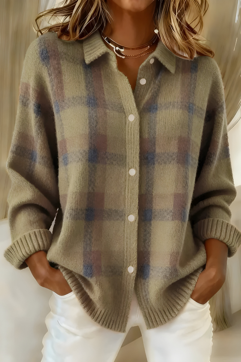 Damen Strickcardigan Karomuster Lässig Warm Komfort Alltag