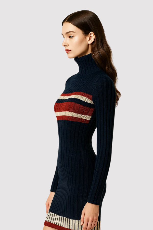 Damen Strickkleid gestreift rot weiß blau hoher Kragen figurbetonte Passform langarm