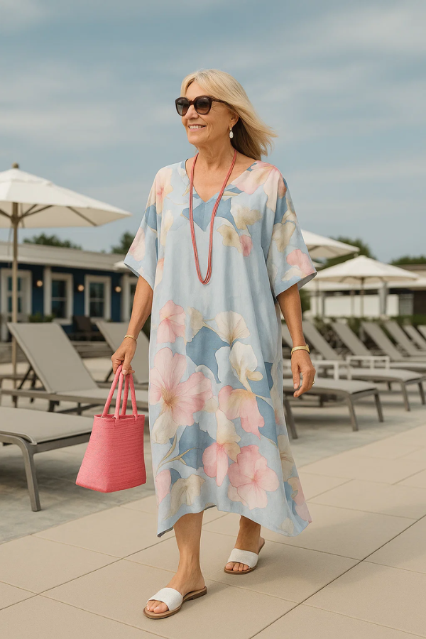 Damen Maxikleid Blumenmuster V-Ausschnitt halbe Ärmel locker Passform sommerlich