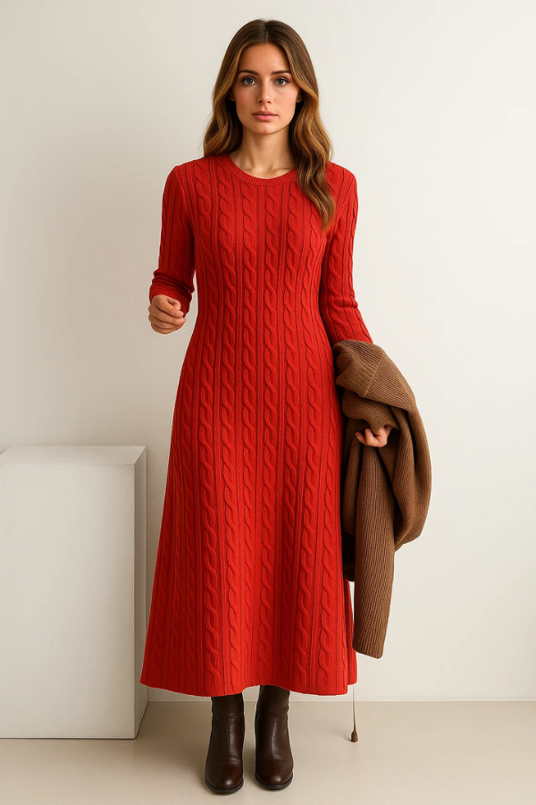 Damen Langkleid Strick figurbetont mit Rundhalsausschnitt langärmlig elastisch bequeme Passform elegant