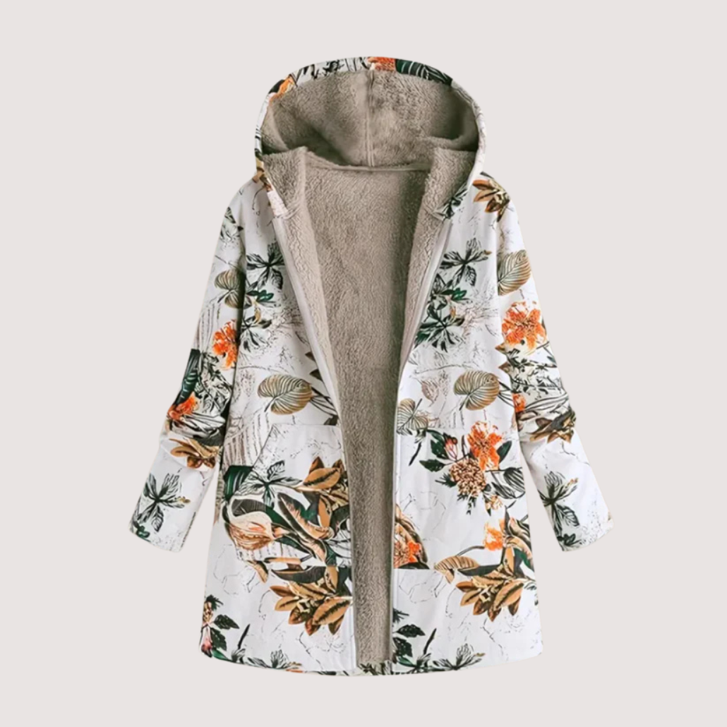 Damen Winterjacke Blumenmuster Kapuze Reißverschluss Kunstfell Fleece gefüttert Regular Fit Übergangs Winterjacke