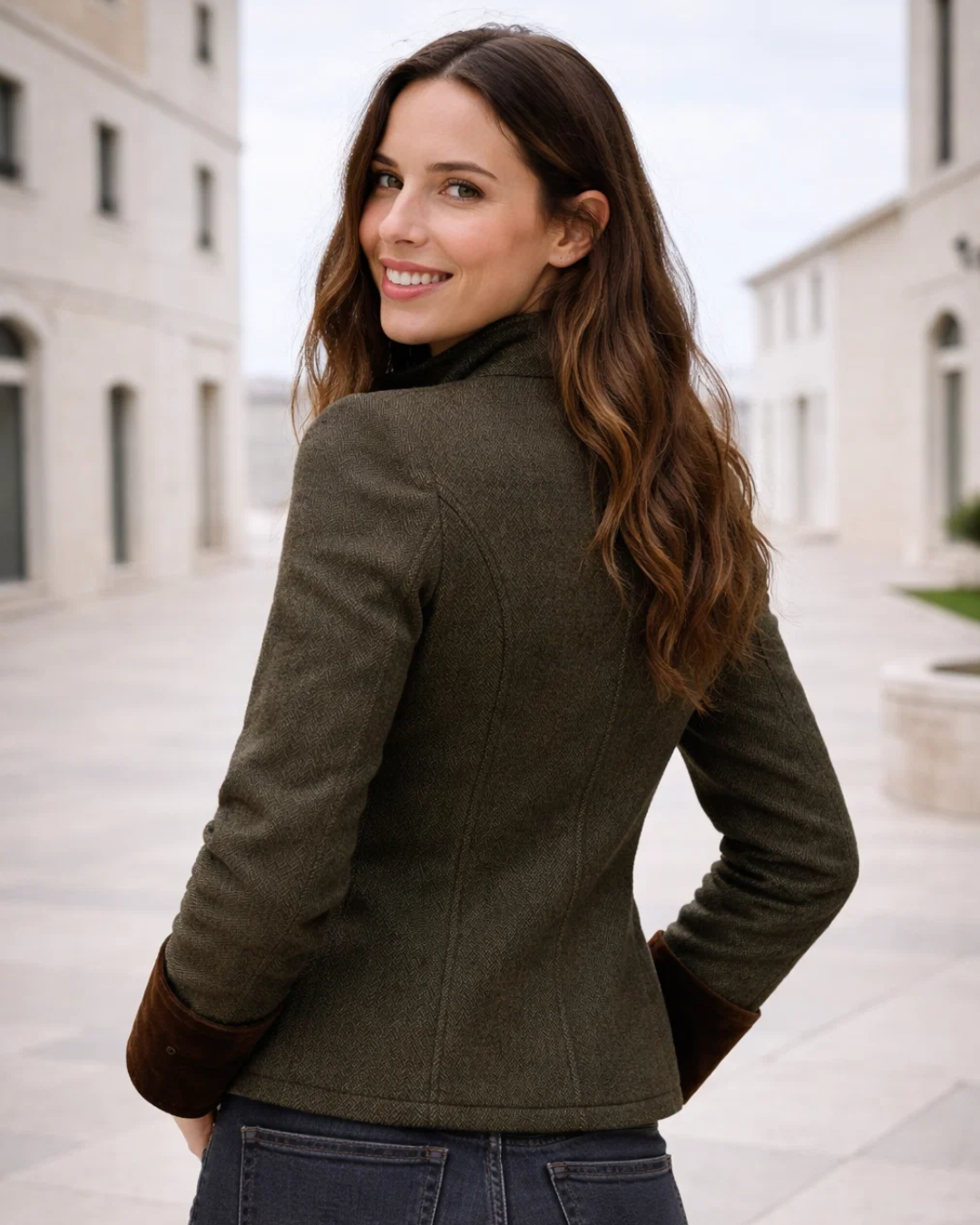 Damen Blazer Tailliert Fischgrät Muster Elegant Knopfleiste Kontrast Manschetten