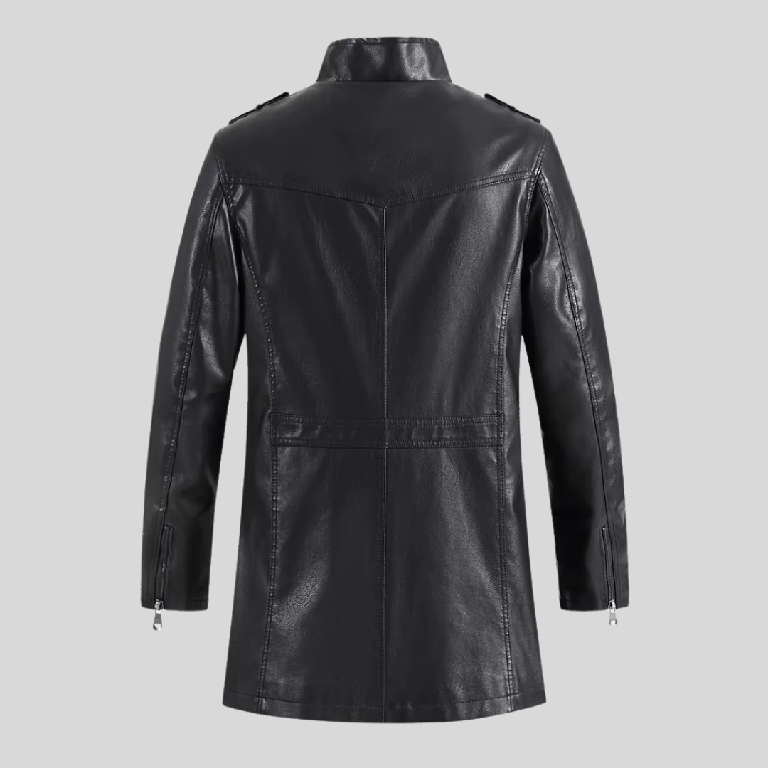 Damen Lederjacke PU langer Kragen Militärständer Tisch Reißverschluss normale Passform