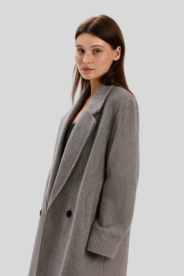 Damen Mantel Fischgrät Grau Lang Tailliert Elegant Warm Klassisch
