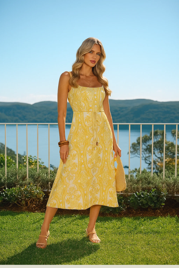 Damen Maxikleid gelb Blumenmuster Quadrat-Ausschnitt A-Linie ärmellos Bindegürtel