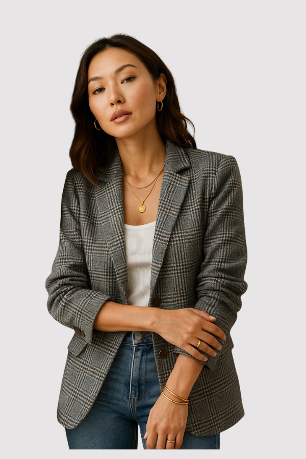 Damen Blazer Kariert Lang Lockerer Schnitt Casual Elegant Leicht Übergang