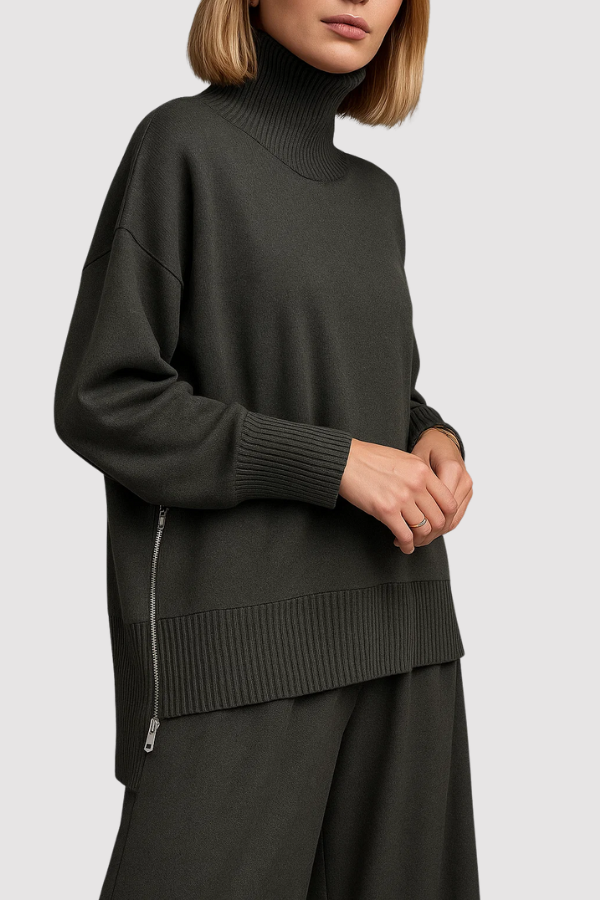Damen Zweiteiler Regular Fit Strickset Rollkragen Pullover mit weiter Hose Loungewear Set einfarbig 2-teilig