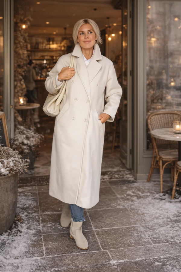 Damen Mantel Lang Doppelreiher Oversized Gefüttert Elegant Casual One Size