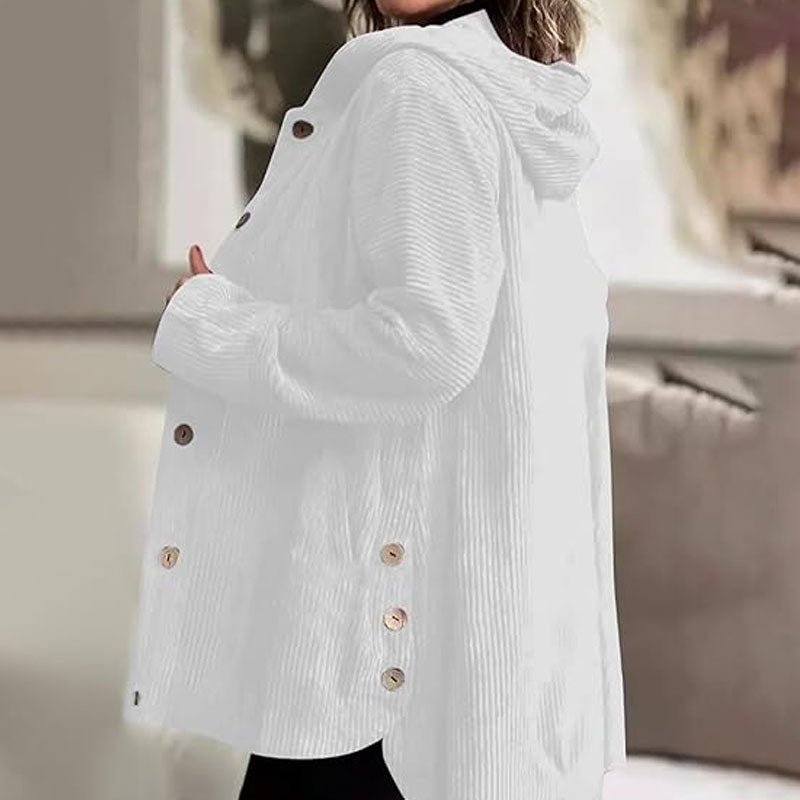 Damen Kordjacke einfarbig Kapuze Langarm Regular Fit Herbst Winter Freizeit Vintage Jacke