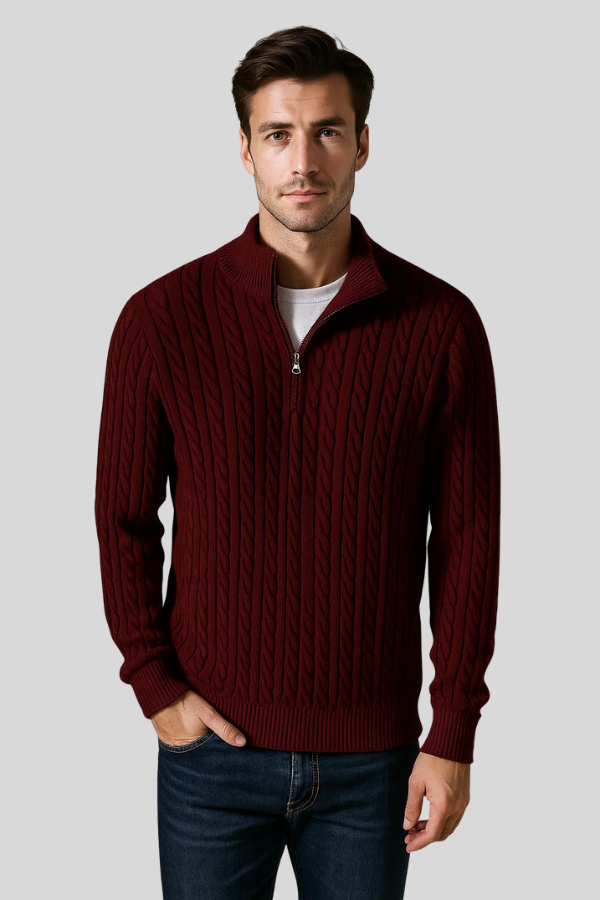 Herren Zopfstrickpullover Stehkragen Reißverschluss Langarm Slim Fit