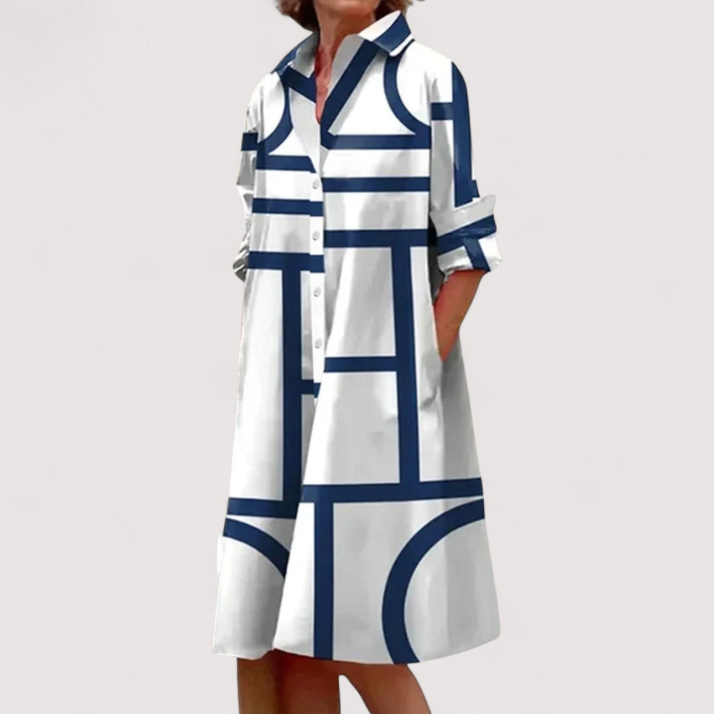 Damen Midikleid Hemdkragen Knopfleiste 3/4 Ärmel tailliert Stufenrock elegant