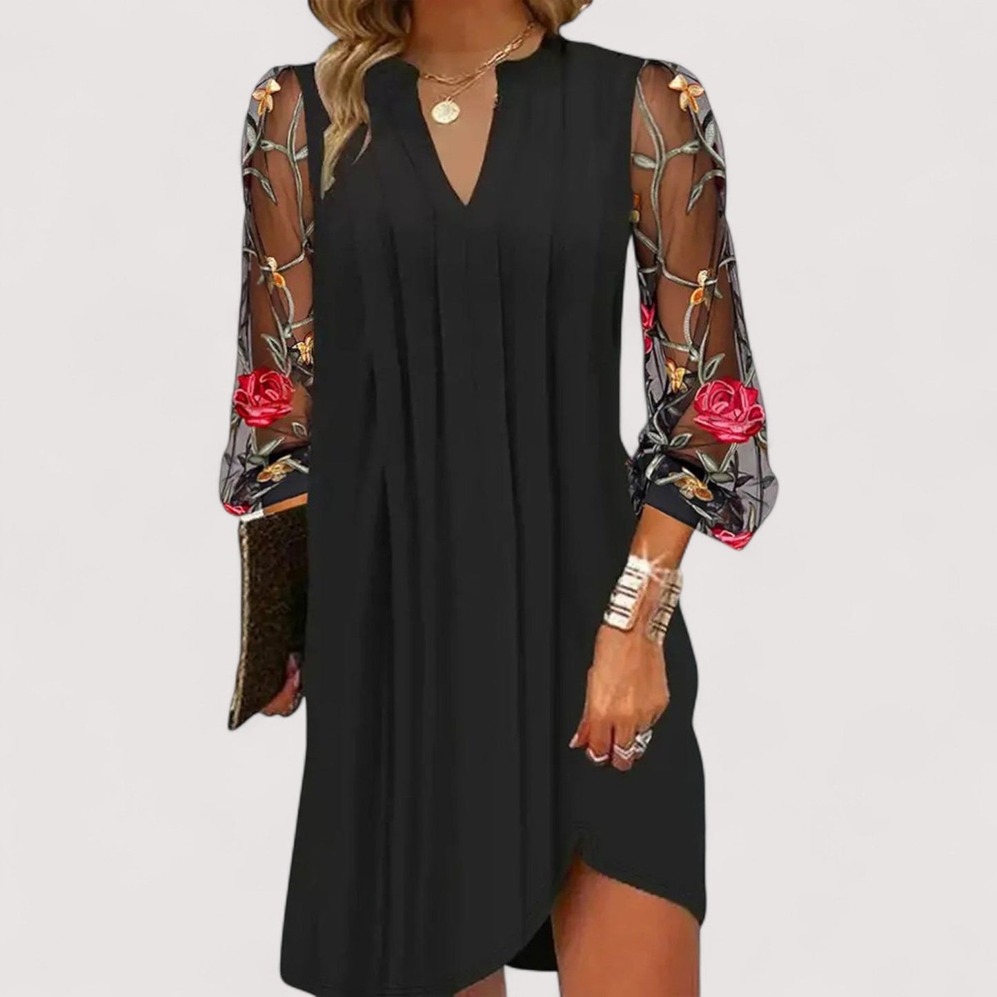 Damen Minikleid Blumenmuster V-Ausschnitt transparente Ärmel figurbetont elegant