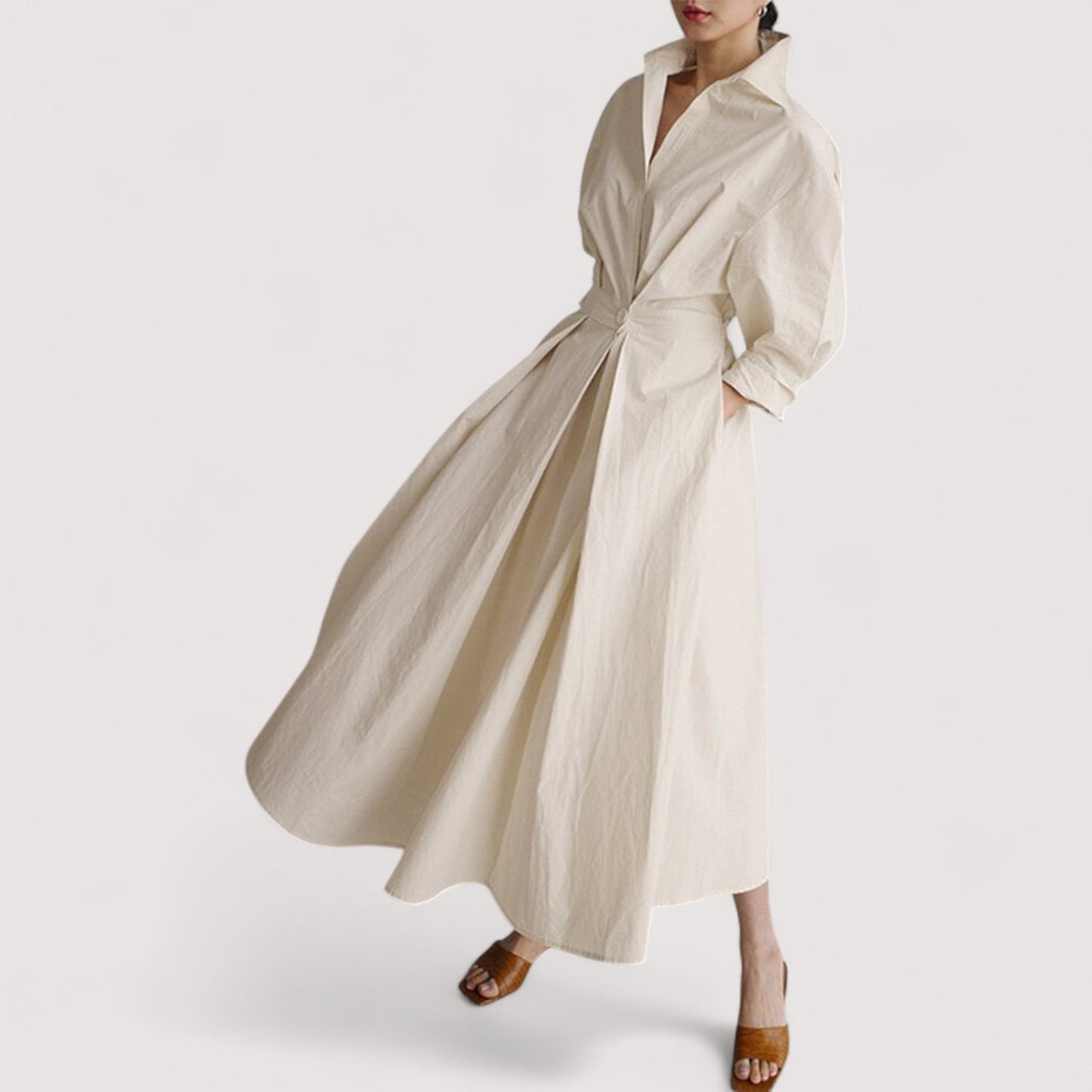 Damen Maxikleid Reverskragen elastischer Bund weit schwingend elegant