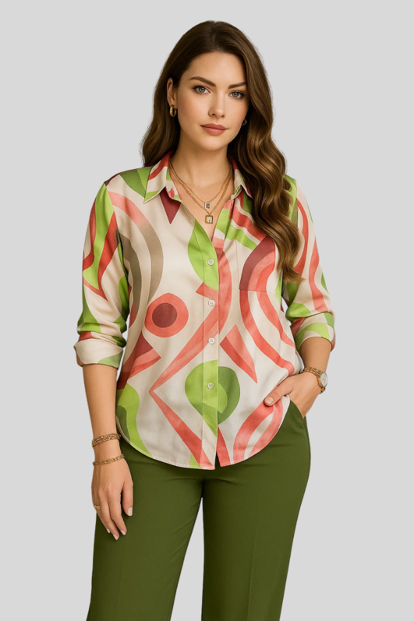 Damen Zweiteiler Regular Fit Hemd mit Knopfleiste und Hose mit hoher Taille Print Set 2-teilig