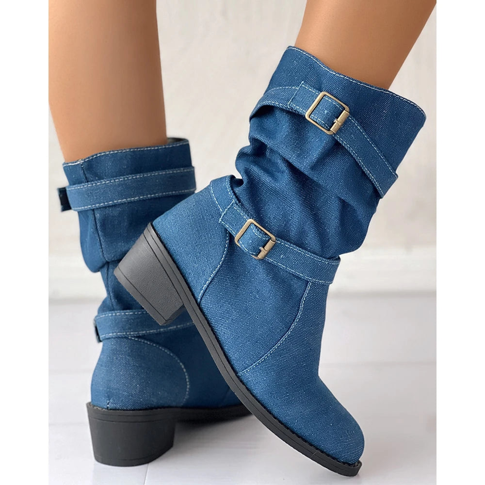 Damen Denim Schnalle Blockabsatz Mandel Stiefeletten geformt bequem