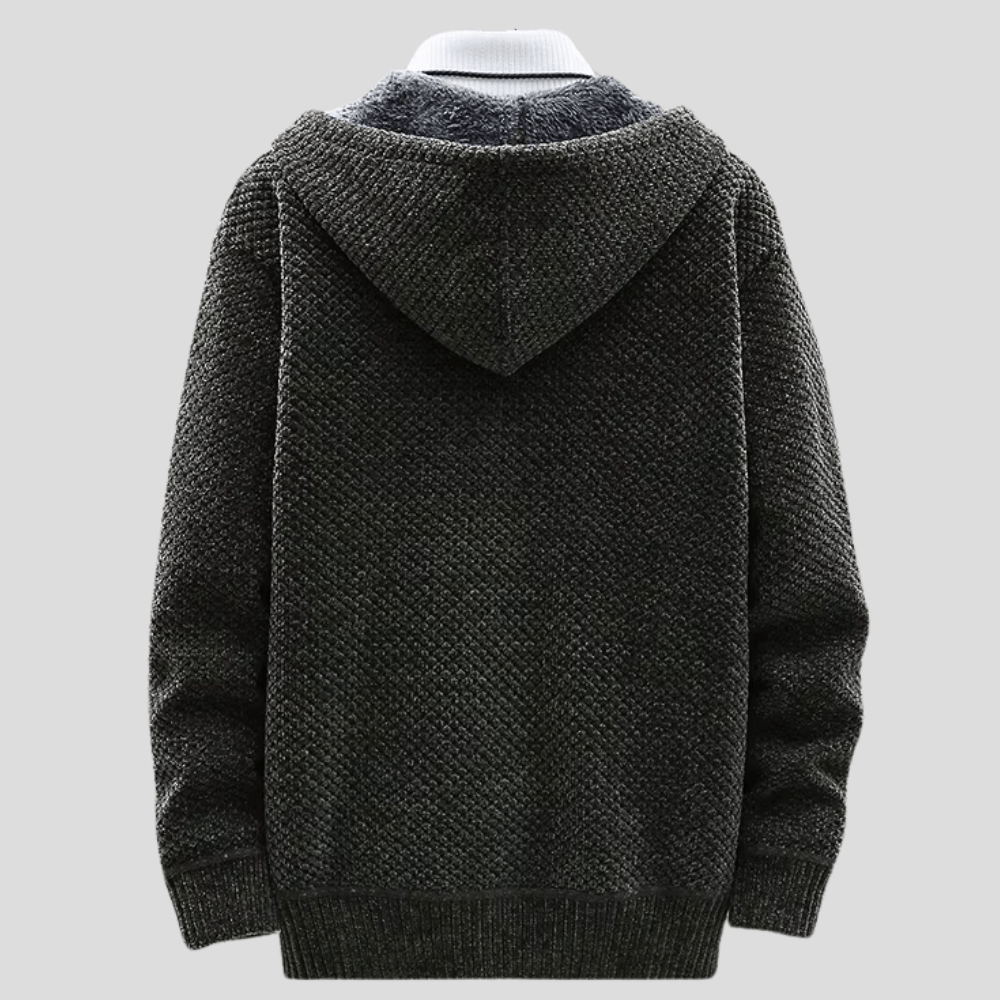 Herren Strickjacke mit Kapuze Regular Fit Fleece Innen gefüttert Reißverschluss Warm Strukturiert Alltag Herbst Winter Minimalistisch