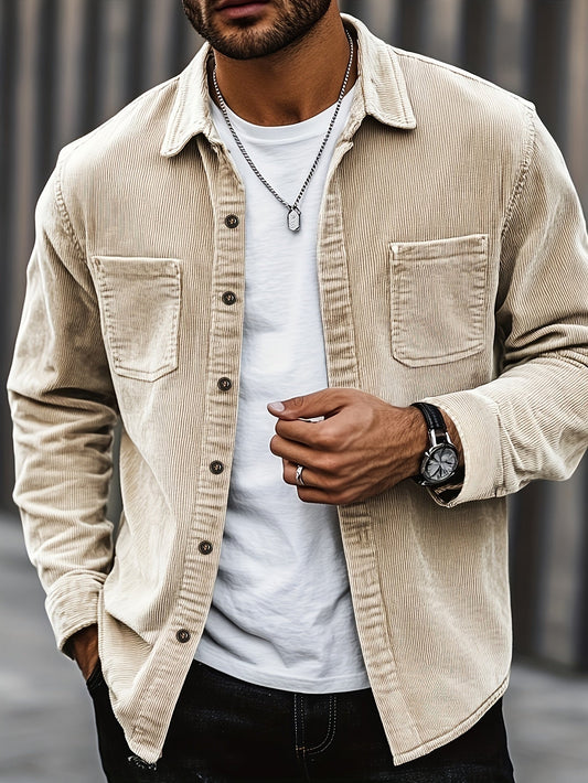 Herren Hemdjacke Polyester Kordeloptik einfarbiger Reverskragen langa