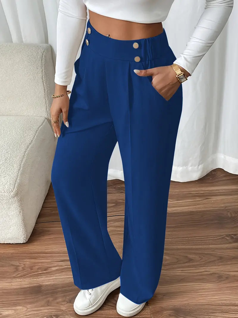 Damen Hose Regular Fit Weites Bein Elastischer Bund Seitentaschen Casual Elegant Alltag Büro