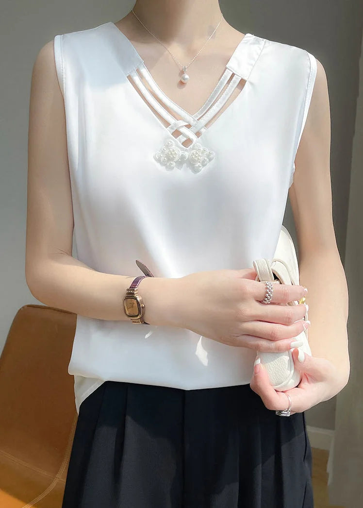 Damen Tank Top Seidenmischung ärmellos einfarbig V-Ausschnitt Perlendetails-elegant locker
