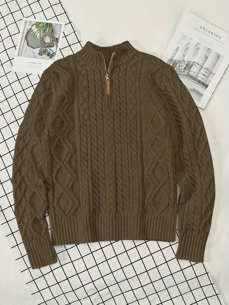 Herren Strickpullover, halber Reißverschluss Kragen Zopfmuster Stehkragen elastisch bequem