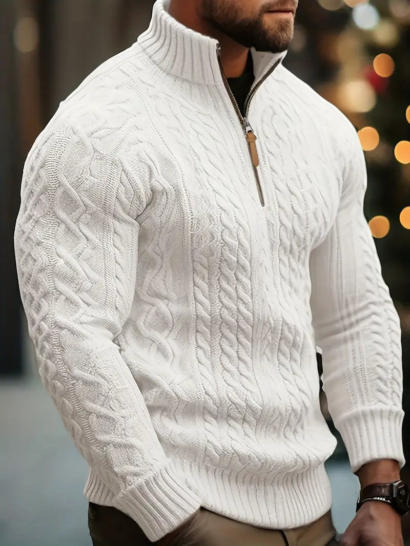 Herren Strickpullover, halber Reißverschluss Kragen Zopfmuster Stehkragen elastisch bequem