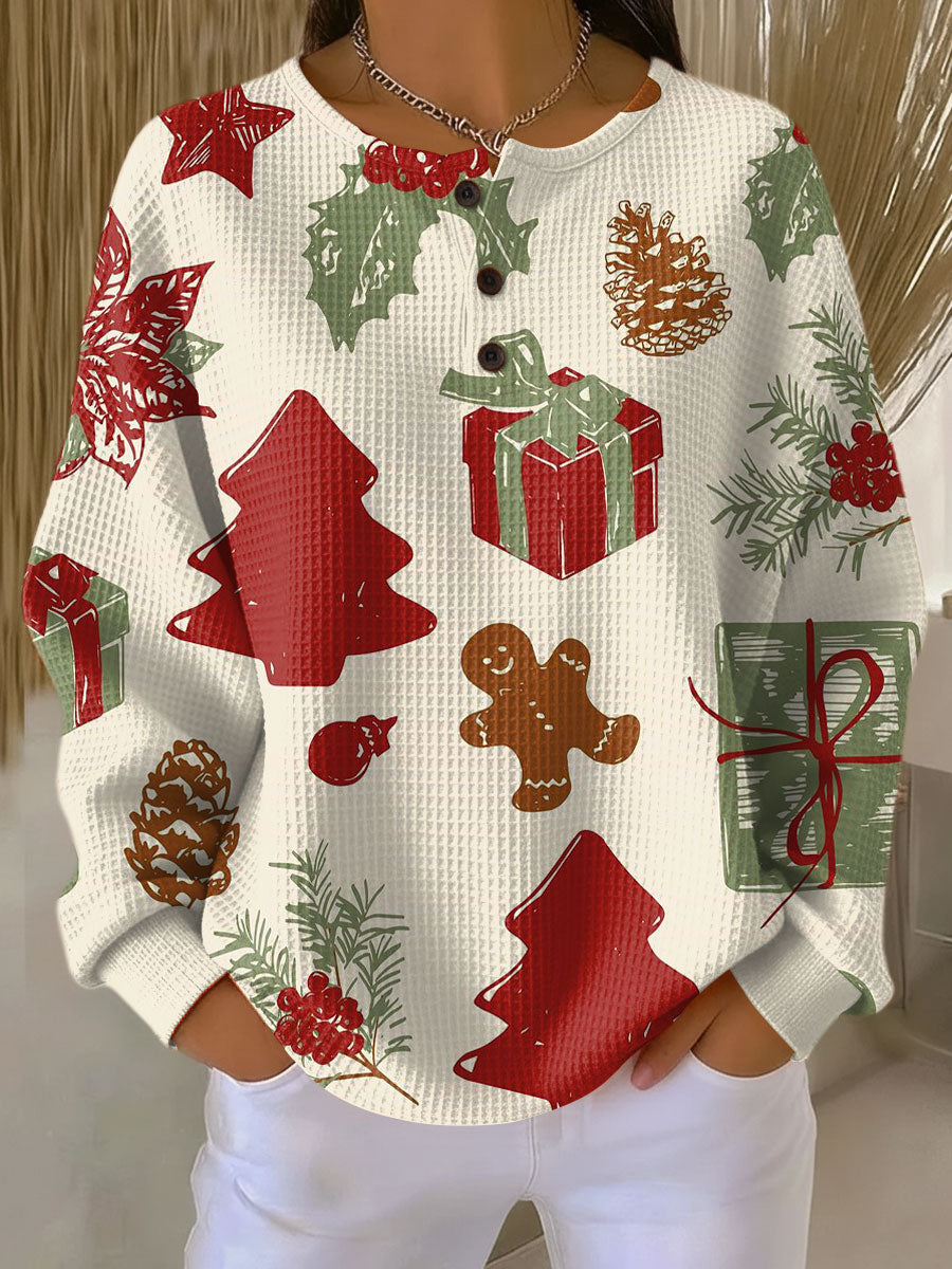 Damen Pullover Waffelstrick Langarm warme lockere bequeme weiche Passform