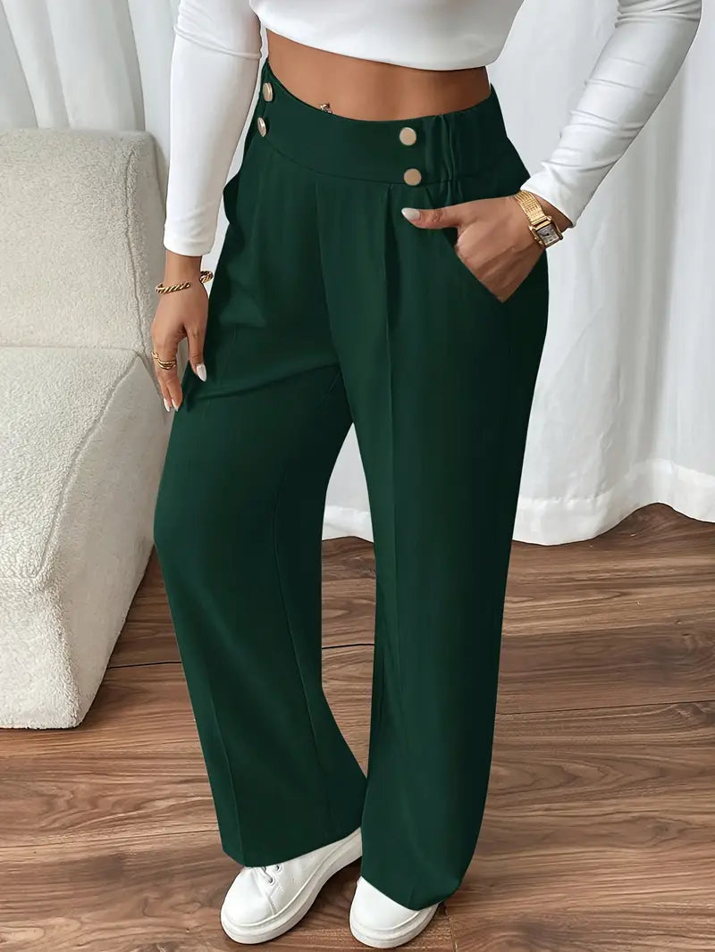 Damen Hose Regular Fit Weites Bein Elastischer Bund Seitentaschen Casual Elegant Alltag Büro
