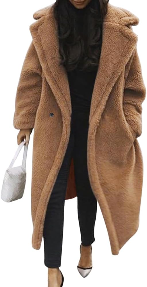 Damen Teddy Fleecejacke langer übergroßer Reverskragen, weicher, warmer, lockerer Schnitt