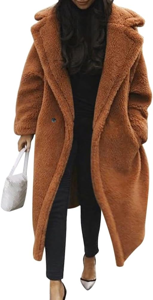 Damen Teddy Fleecejacke langer übergroßer Reverskragen, weicher, warmer, lockerer Schnitt