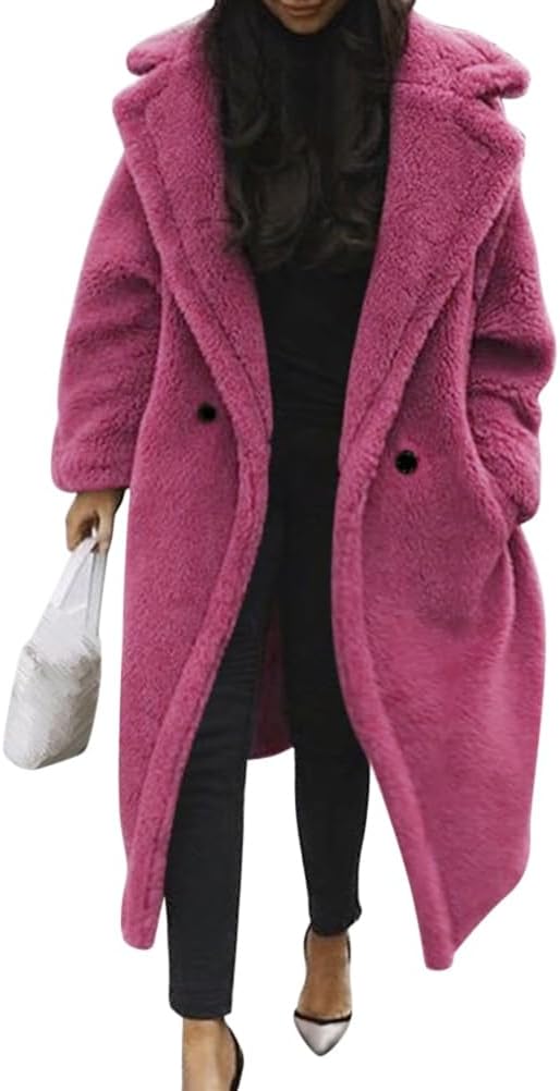 Damen Teddy Fleecejacke langer übergroßer Reverskragen, weicher, warmer, lockerer Schnitt
